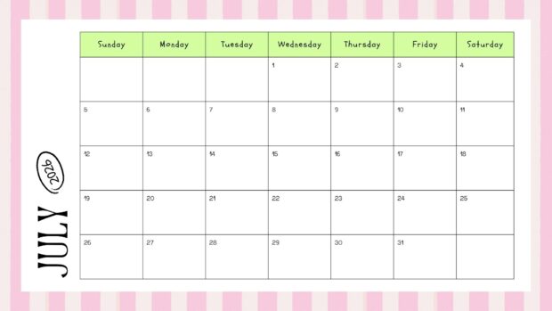 A playful July 2026 Calendar Desktop Wallpaper HD featuring a pink striped border and green headers