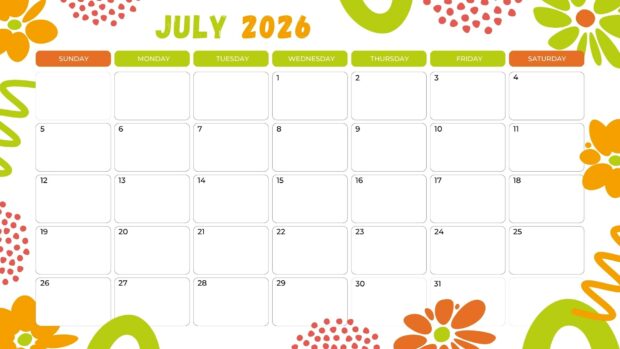 A vibrant July 2026 Calendar Desktop Wallpaper HD featuring a cheerful floral design with green and orange elements