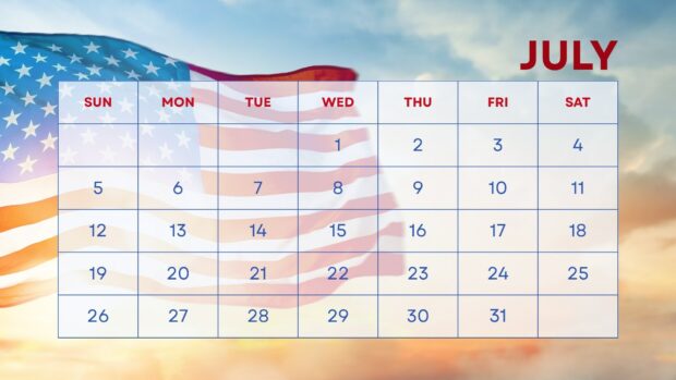 A patriotic July 2026 Calendar Desktop Wallpaper HD featuring the calendar over a waving American flag and a blue sky