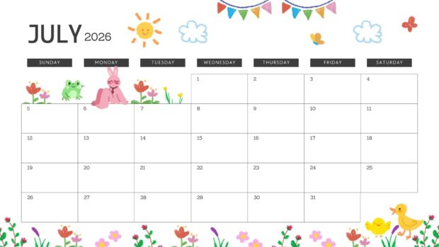 A charming July 2026 Calendar Desktop Wallpaper HD with cute cartoon animals like bunnies, frogs, and ducks, plus flowers and a sun