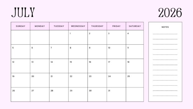 A clean minimalist July 2026 Calendar Desktop Wallpaper HD featuring a light pink background and a notes section