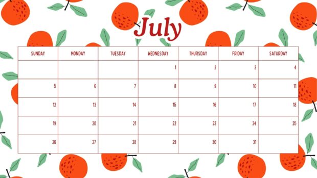 A vibrant July 2026 Calendar Desktop Wallpaper HD with a cheerful orange fruit pattern background
