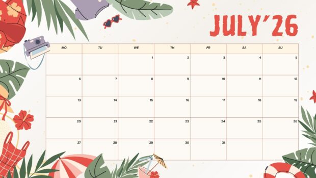 A cheerful July 2026 Calendar Desktop Wallpaper HD featuring a summer vacation theme with beach items