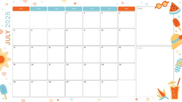 A fun July 2026 Calendar Desktop Wallpaper HD adorned with colorful summer items and notes sections