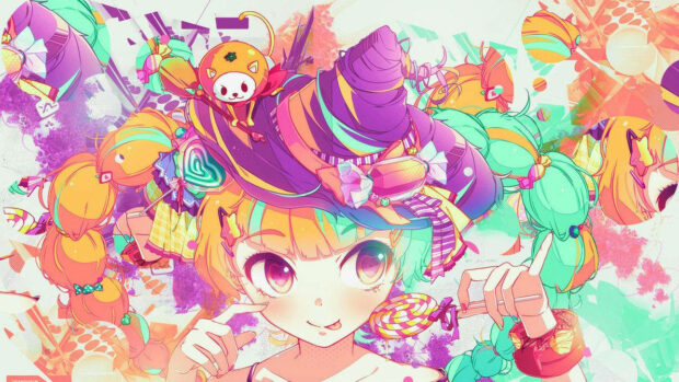 A colorful Kawaii Halloween Wallpaper featuring an anime girl with elaborate candy-themed hair and a small pumpkin creature, holding a lollipop