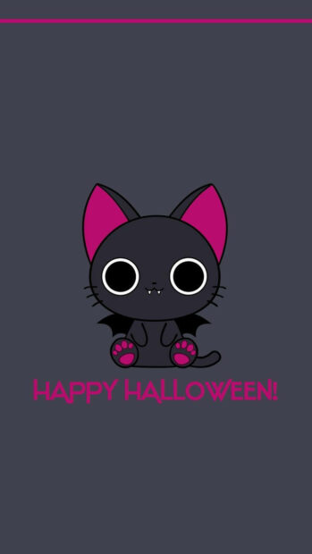Kawaii Halloween Wallpaper showcasing a cute black bat cat with pink ears and paws against a dark grey background