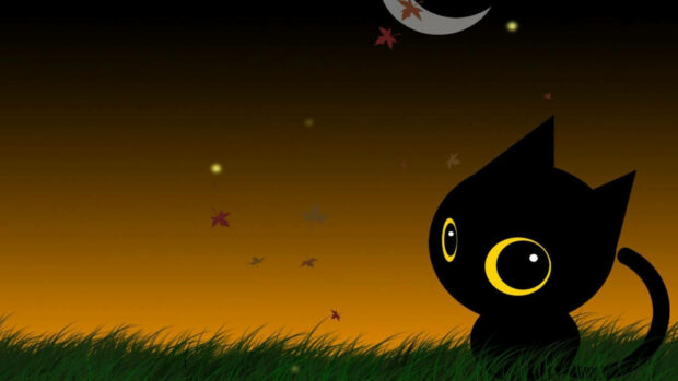 A minimalist Kawaii Halloween wallpaper depicting a black cat with large yellow eyes sitting in the grass under a crescent moon with falling leaves
