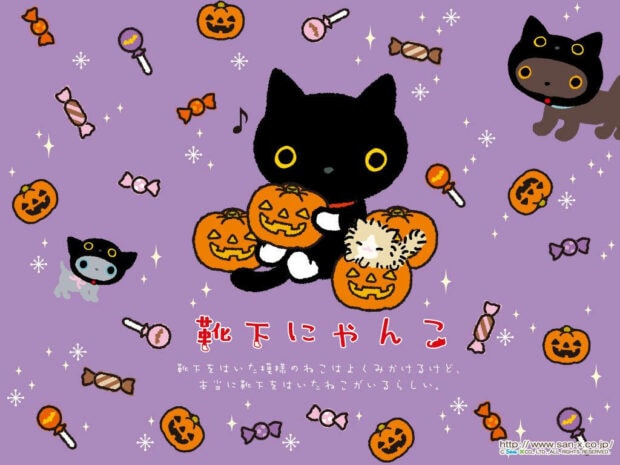 Kawaii Halloween Wallpaper featuring a cute black cat holding pumpkins, surrounded by candies, stars, and smaller cats on a purple background