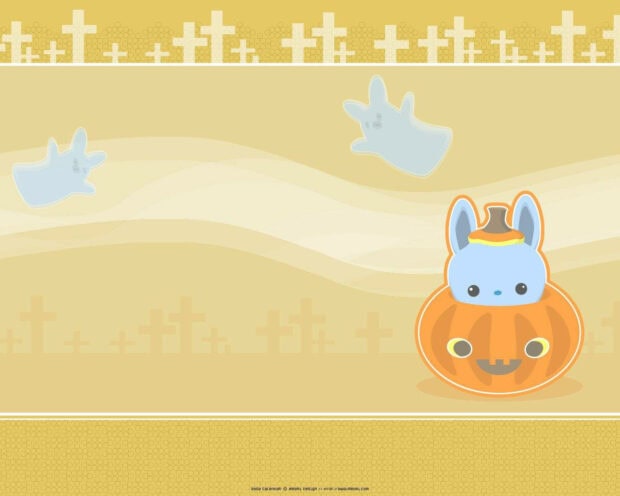 A pastel Kawaii Halloween wallpaper featuring a blue bunny character inside a pumpkin with faint floating ghost figures and cross patterns on a light yellow background