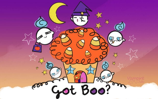 Kawaii Halloween Wallpaper featuring a whimsical cupcake house surrounded by cute ghosts and a witch character under a crescent moon