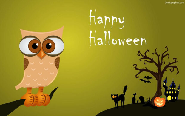 A cheerful kawaii Halloween wallpaper featuring a cute cartoon owl on a branch with a haunted house and pumpkin on a green background