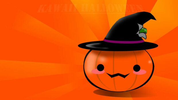 A vibrant kawaii Halloween wallpaper showcasing a super cute pumpkin wearing a witch hat on a bright orange background