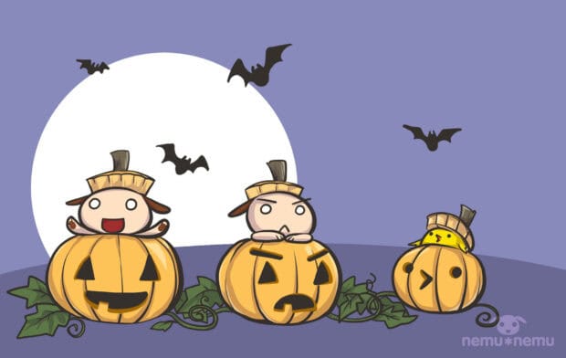Kawaii Halloween Wallpaper featuring three cute characters peeking from carved pumpkins with bats flying against a large full moon on a purple background