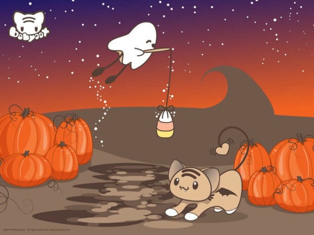 A whimsical Kawaii Halloween Wallpaper featuring a friendly ghost holding a candy corn lantern over a bat-cat creature and pumpkins under a starry night sky