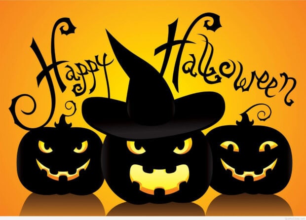 Kawaii Halloween wallpaper with three black pumpkins, a witch hat, and 'Happy Halloween' text on an orange background