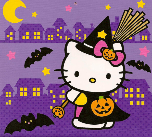 An iconic Kawaii Halloween Wallpaper showcasing Hello Kitty dressed as a witch with a broom and pumpkin, flying bats, and a purple haunted village background