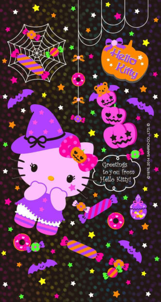 Kawaii Halloween Wallpaper featuring Hello Kitty dressed as a witch amidst colorful candies, bats, and stars on a dark background