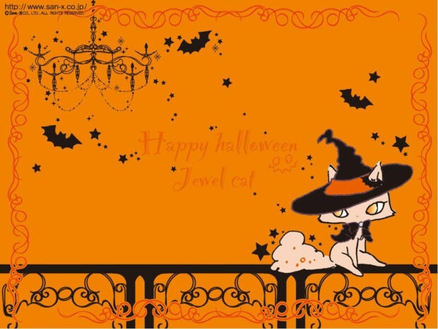 An orange Kawaii Halloween wallpaper featuring a white cat in a witch hat on a railing with bats, stars, and a chandelier silhouette