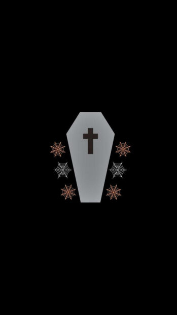 Kawaii Halloween Wallpaper featuring a minimalist grey coffin with a cross and small spiderwebs on a pure black background