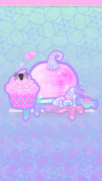 Kawaii Halloween Wallpaper featuring pastel pink pumpkin, cupcake with spider, and candies on a gradient purple-blue background with subtle spiderwebs