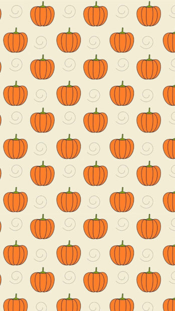 Kawaii Halloween Wallpaper featuring a seamless pattern of cute orange pumpkins and subtle swirls on a light cream background