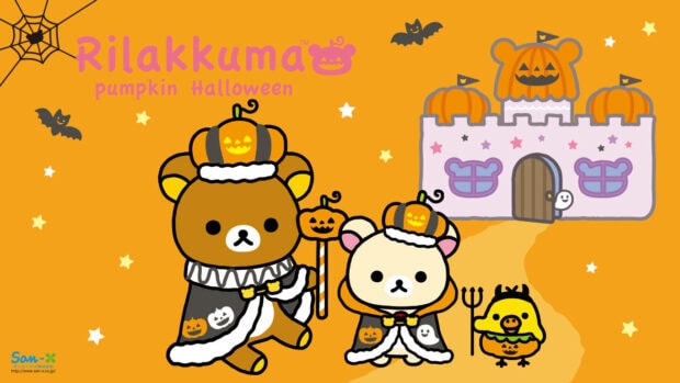 A cute Kawaii Halloween Wallpaper featuring Rilakkuma and Korilakkuma bears in royal pumpkin costumes with a chick and a pumpkin castle on an orange background