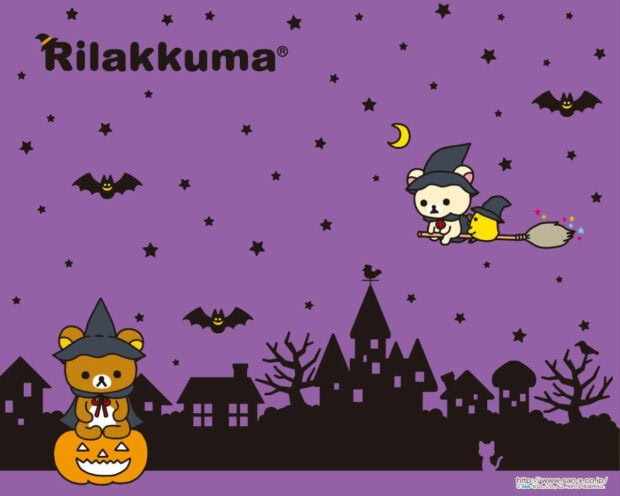 A cute Kawaii Halloween wallpaper featuring Rilakkuma and Kiiroitori dressed as witches flying over a haunted village and another Rilakkuma on a pumpkin