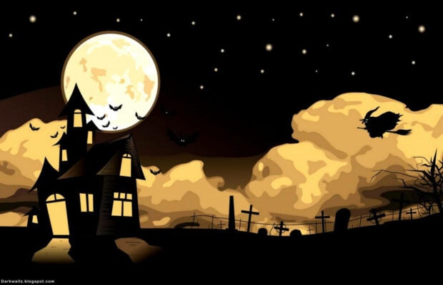 A spooky kawaii Halloween wallpaper featuring a full moon over a haunted house, graveyard, and a witch flying on a broomstick