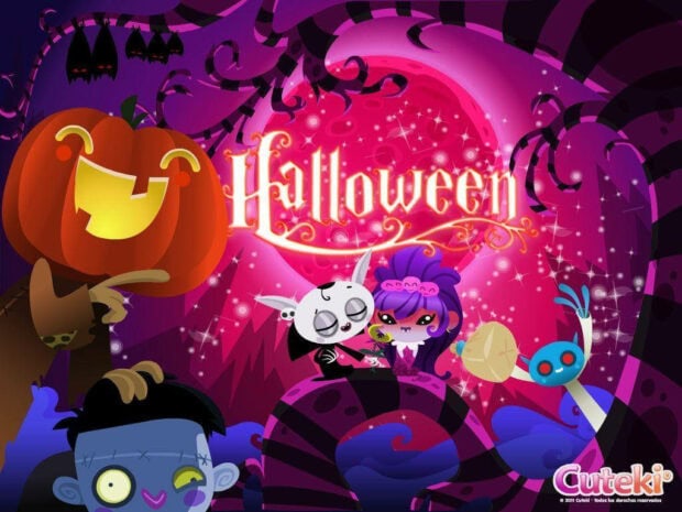 A vibrant Kawaii Halloween Wallpaper depicting a spooky party with various cute monster characters, a smiling pumpkin scarecrow, and a glowing pink moon