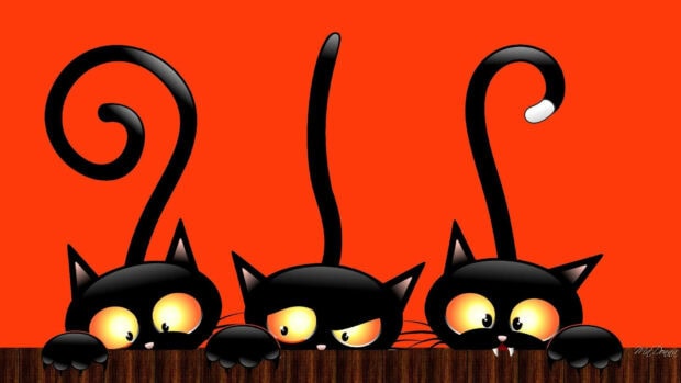 Kawaii Halloween wallpaper featuring three cute black cartoon cats peeking over a fence against an orange background