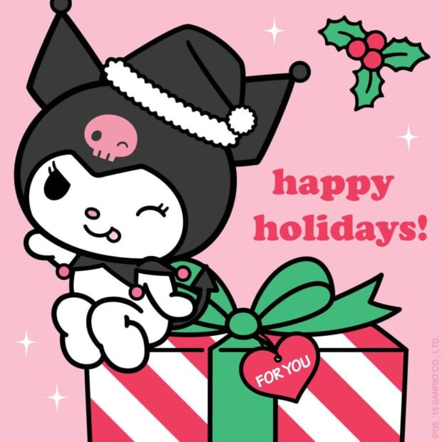 Cute Kuromi character wearing a Santa hat sitting on a Christmas gift with a 'happy holidays' message in this Kuromi Christmas Wallpaper