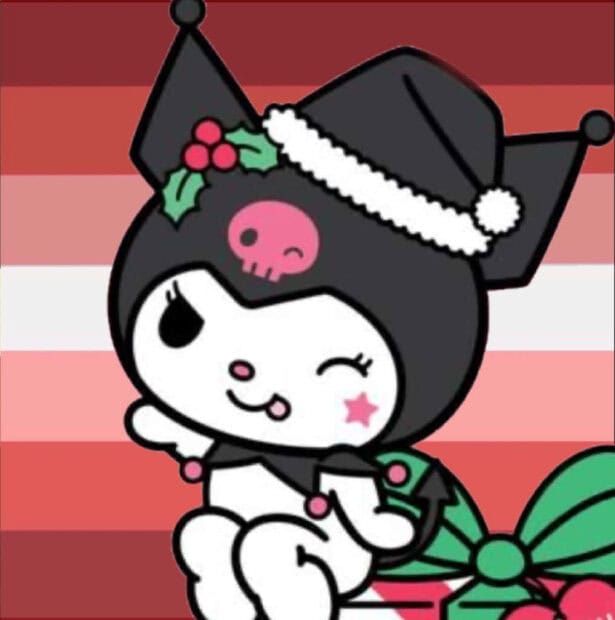 Charming Kuromi character in a Santa hat with mistletoe against a red striped background, ideal for a Kuromi Christmas Wallpaper