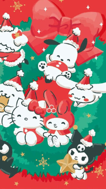 A vibrant Kuromi Christmas wallpaper featuring Kuromi and other Sanrio characters celebrating in festive outfits on a red and green background