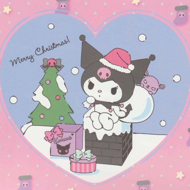 Kuromi Christmas Wallpaper showing Kuromi in a Santa hat sitting on a chimney with a Christmas tree and presents in a heart-shaped frame