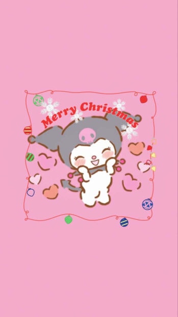 A cute Kuromi Christmas wallpaper featuring the character on a pink background with "Merry Christmas" text and snowflakes