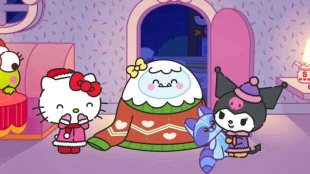 A vibrant Kuromi Christmas wallpaper featuring Kuromi, Hello Kitty, and other Sanrio friends celebrating indoors with festive winter attire