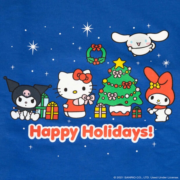 A cheerful Kuromi Christmas wallpaper featuring Kuromi, Hello Kitty, and friends with a Christmas tree and gifts on a blue background