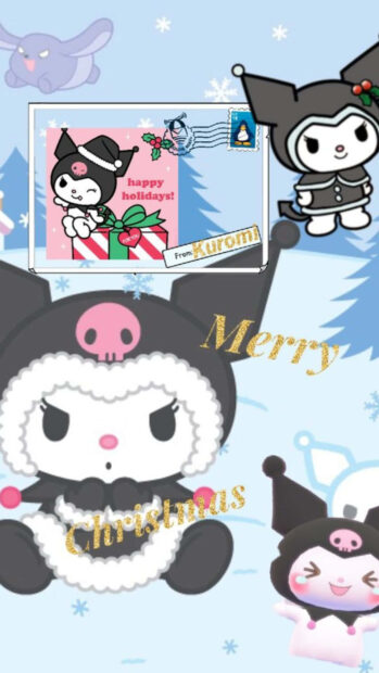 A cute Kuromi Christmas wallpaper showing multiple Kuromi characters celebrating with snowflakes and a "Merry Christmas" postcard