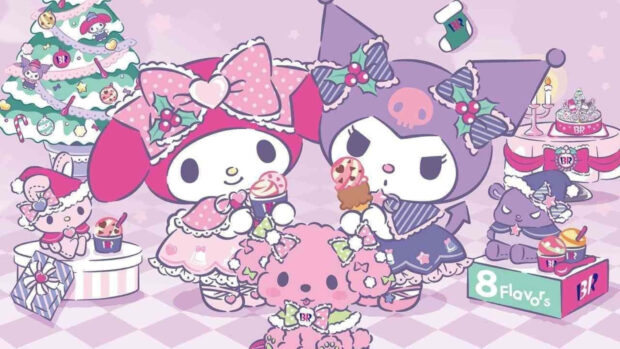 An adorable Kuromi Christmas wallpaper showcasing Kuromi and My Melody in a festive pink and purple Christmas party setting, enjoying ice cream