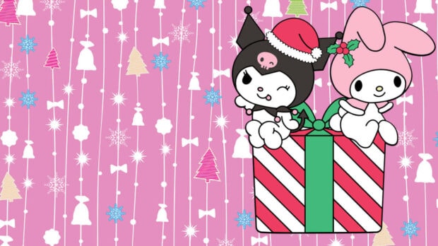 Kuromi Christmas Wallpaper featuring Kuromi and My Melody sitting on a festive gift box against a pink patterned background with snowflakes