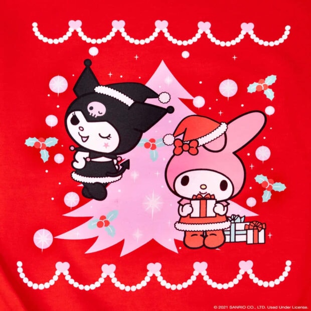 Kuromi Christmas Wallpaper featuring Kuromi and My Melody characters with a pink Christmas tree on a red background