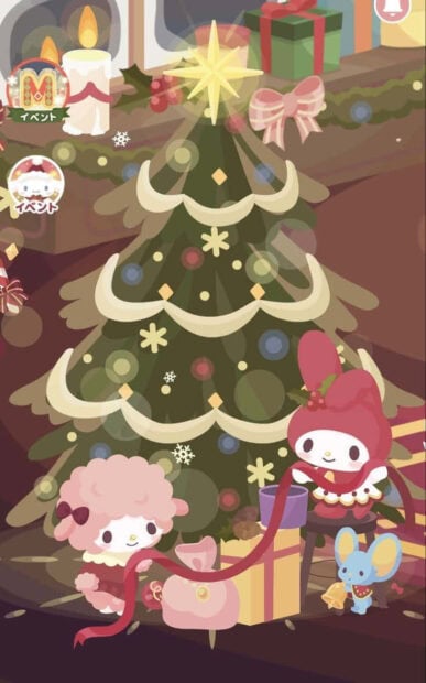 Kuromi Christmas Wallpaper featuring a festive scene with My Melody, a pink sheep, and a Christmas tree with presents