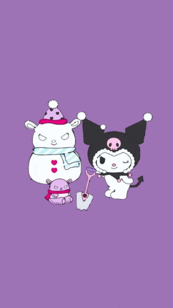 A minimalist Kuromi Christmas wallpaper on a solid purple background featuring Kuromi next to a snowman-like figure and a small creature