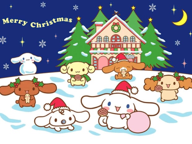 A festive Kuromi Christmas wallpaper featuring various Sanrio characters like Cinnamoroll and Pompompurin in a snowy village scene with a festive house, perfect for a joyful holiday background