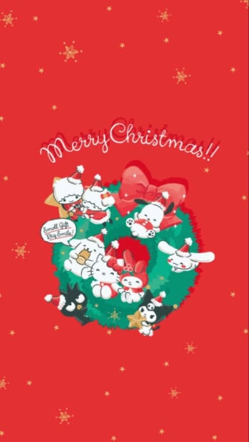 A vibrant Kuromi Christmas wallpaper featuring Sanrio characters gathered around a festive green wreath on a red background