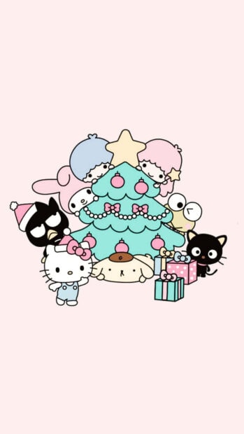 Kuromi Christmas Wallpaper showcasing various Sanrio characters around a light blue Christmas tree on a pastel pink background