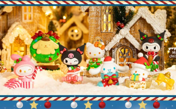 A charming Kuromi Christmas wallpaper displaying miniature Sanrio character figurines including Kuromi, Hello Kitty, and Cinnamoroll in a festive snowy village setting