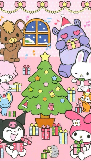 A vibrant Kuromi Christmas wallpaper showcasing Kuromi and other Sanrio friends exchanging gifts around a festive Christmas tree on a pink background