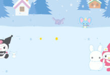 A minimalist Kuromi Christmas wallpaper featuring Kuromi and My Melody as snow bunnies in a serene, snowy landscape with distant houses and trees