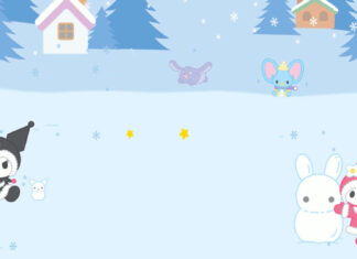 A minimalist Kuromi Christmas wallpaper featuring Kuromi and My Melody as snow bunnies in a serene, snowy landscape with distant houses and trees